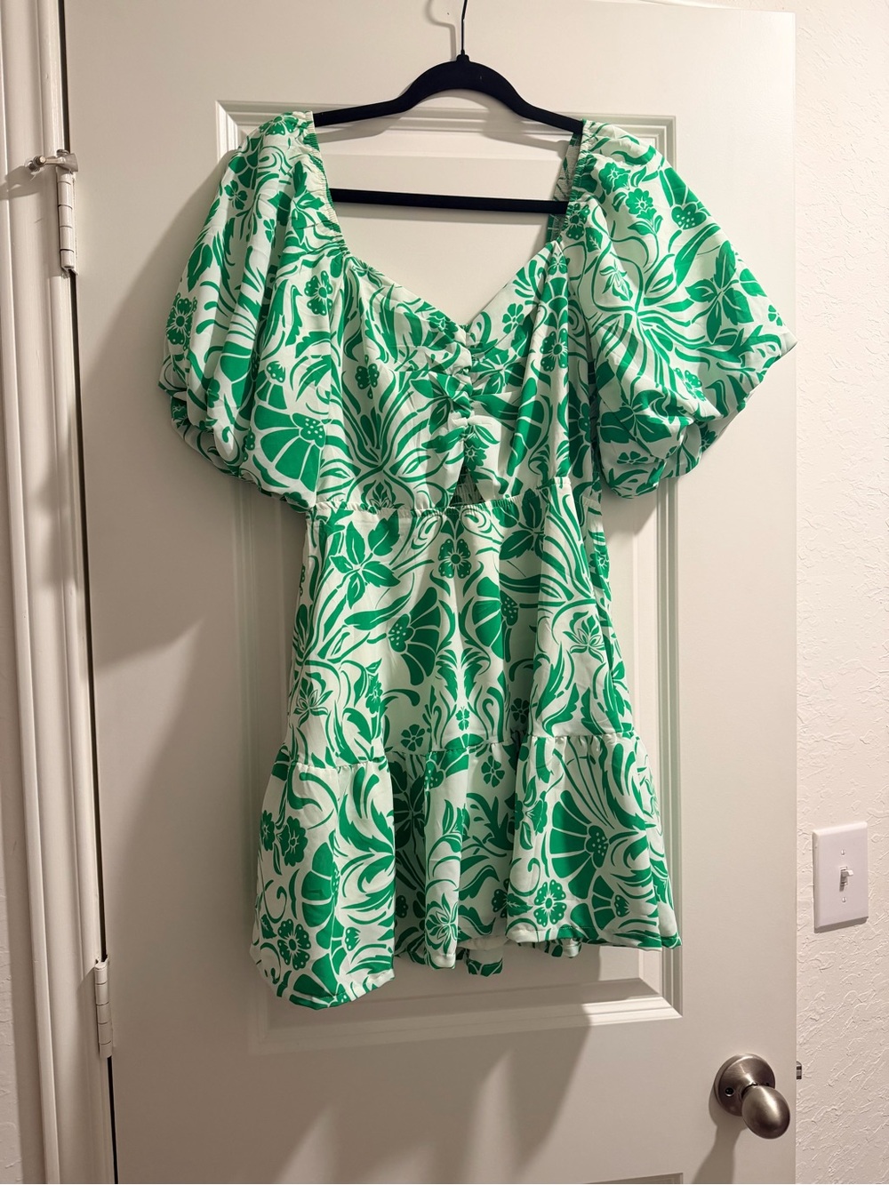 Women’s Green Floral Mini Dress with Puff Sleeves